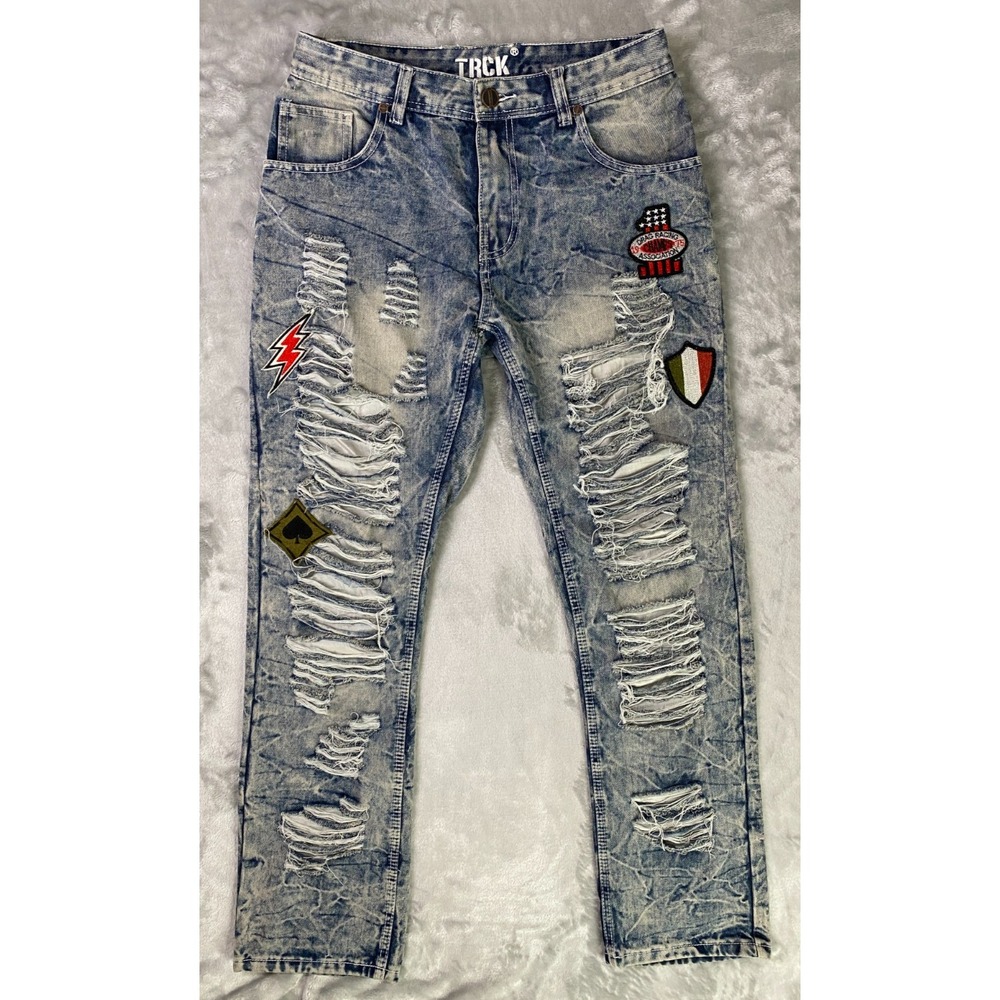 True Rock Distressed Jeans Mens 34 Blue‎ Acid Wash Patchwork Streetwear Denim